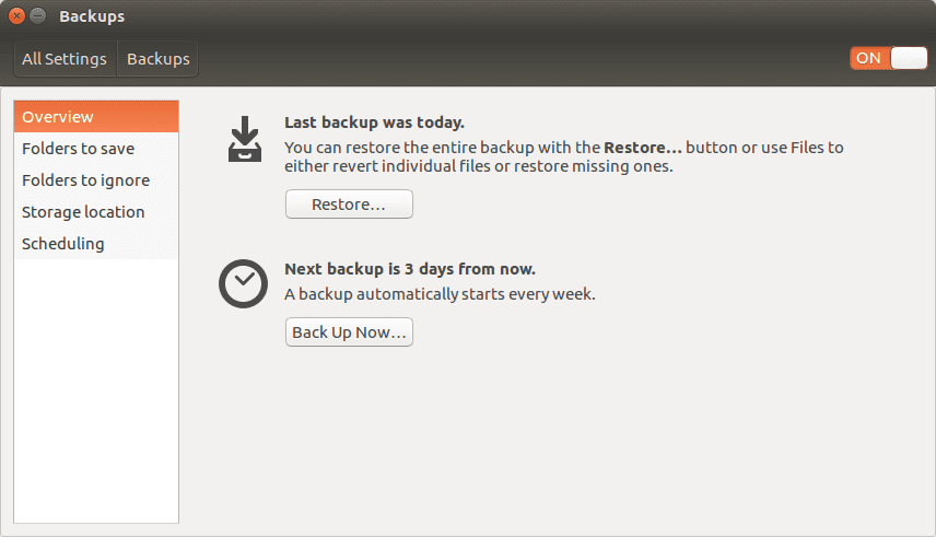 Screenshot of the Ubuntu Backups Settings page