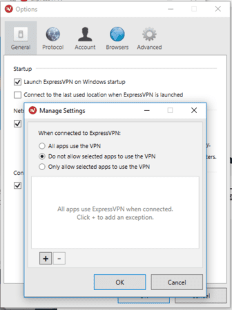 ExpressVPN Windows split tunneling options screen.