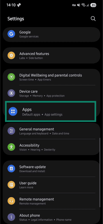 Android Settings with Apps menu.