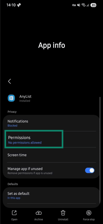App settings screen with Permissions option.