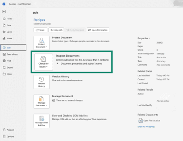 The Microsoft Word Info screen, highlighting the Inspect Document field.
