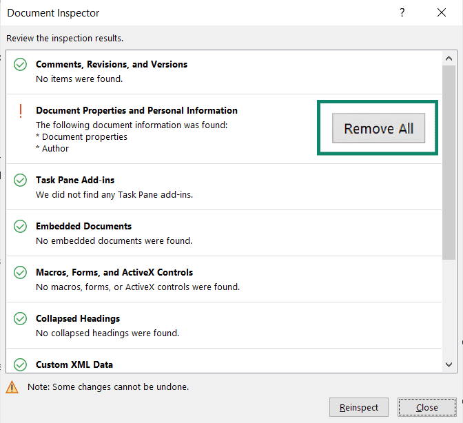 The Microsoft Document inspector, highlighting the Remove All option next to document properties.