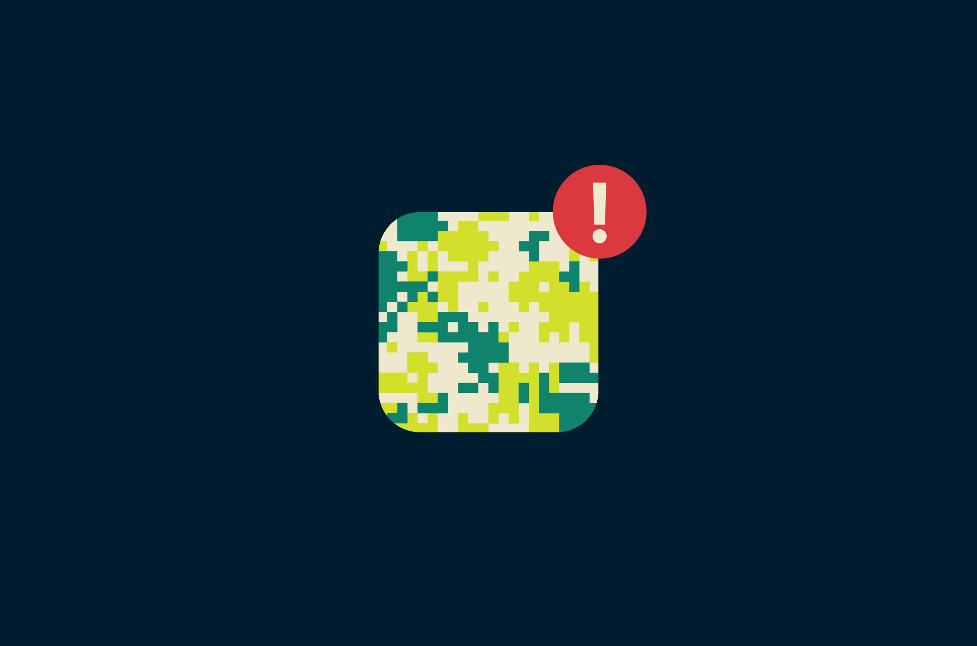 App with military camouflage and an error icon in the top right corner.