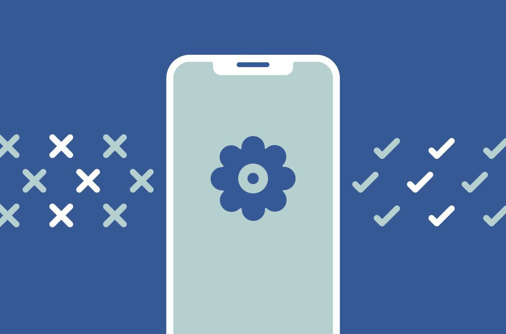 A phone with a gear icon in the middle of the screen. Four crosses and four ticks stand either side of the phone.