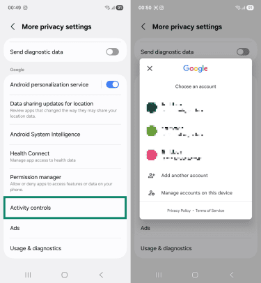 Two Android screenshots side by side showing the "More privacy settings" and Google account selection windows. The "Activity controls" option is highlighted.