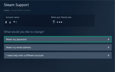 A Steam Support page. The "Reset my password" button is highlighted.
