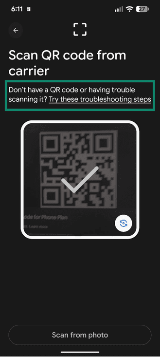Scan QR code from carrier to set up eSIM on Android.