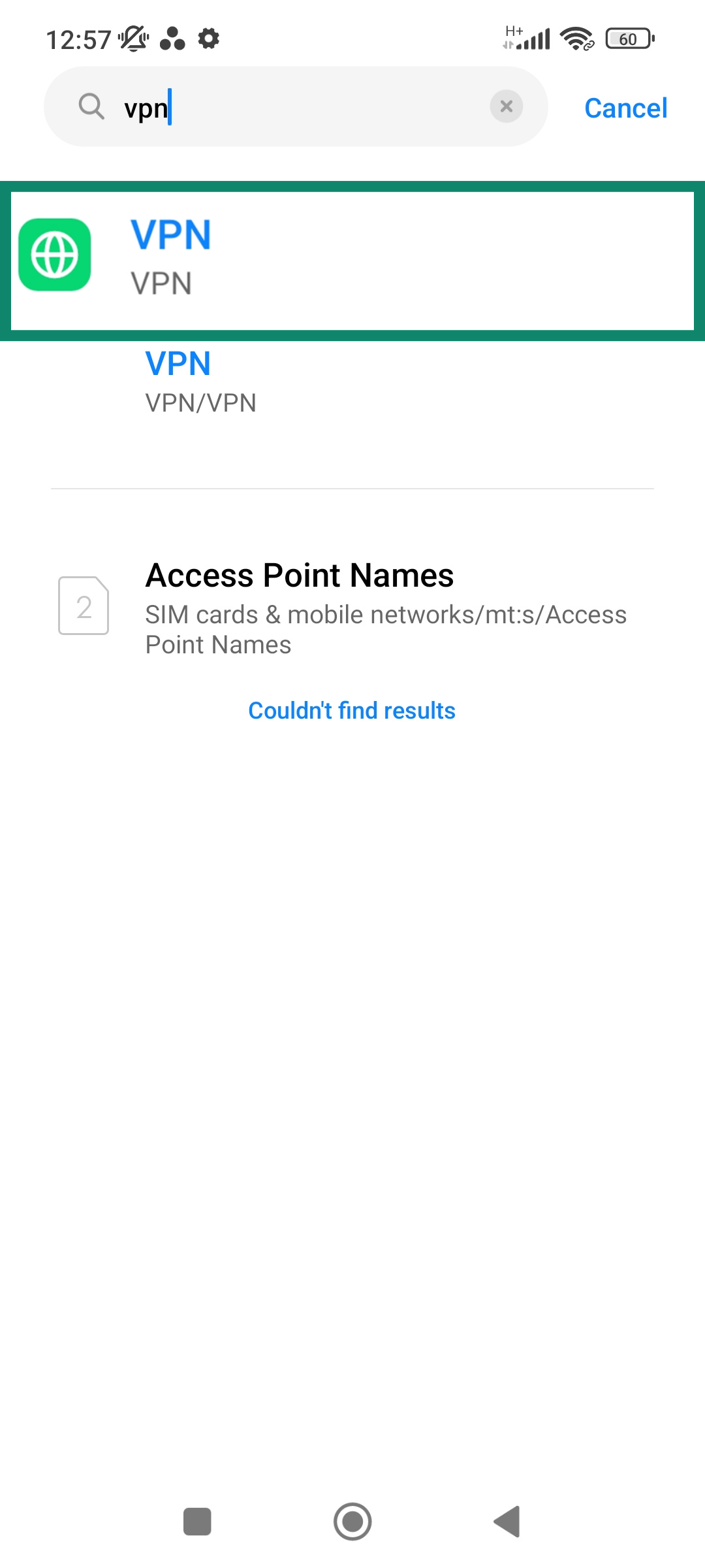 A screenshot of an Android phone, showing the VPN menu option in the Settings.