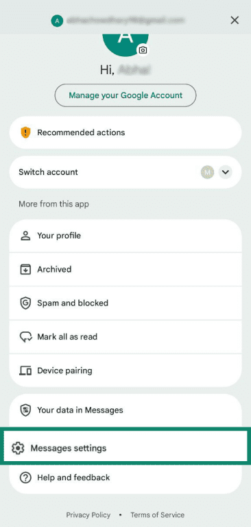 Google Messages menu with Message settings highlighted.