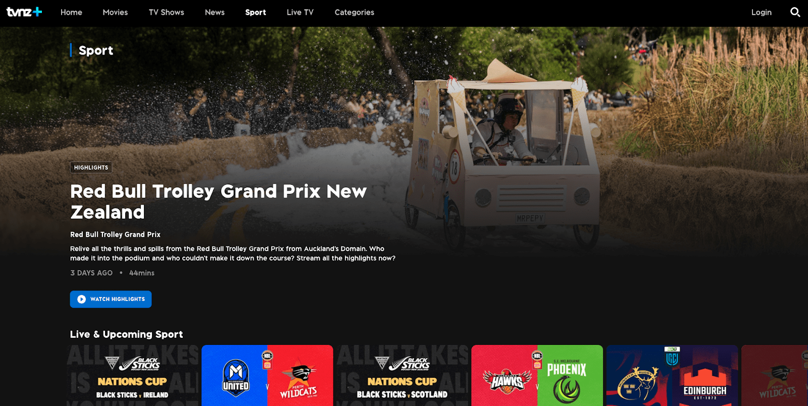 Screenshot of the sports section on TVNZ+