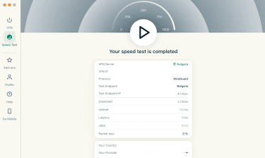 The ExpressVPN speed test tab on macOS, showing a completed speed test results.