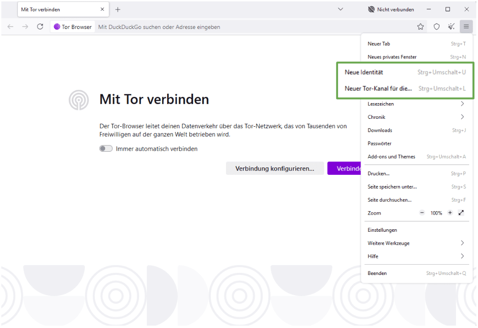 Tor browser application menu with the New identity and New Tor circuit for this site options highlighted.