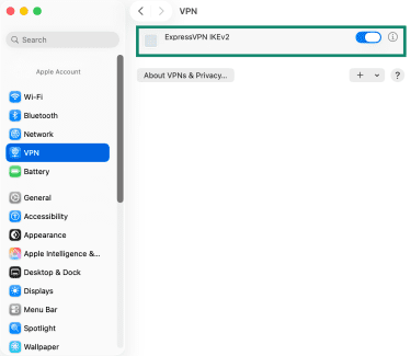VPN tab on macOS, showing an ExpressVPN IKev2 connection.