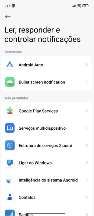 Device and app notifications list on Android, showing allowed and not allowed apps.