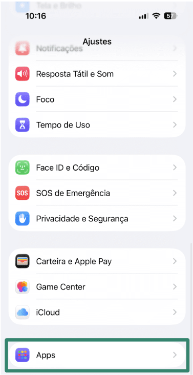 iOS Settings screen showing the Apps section for checking installed applications.
