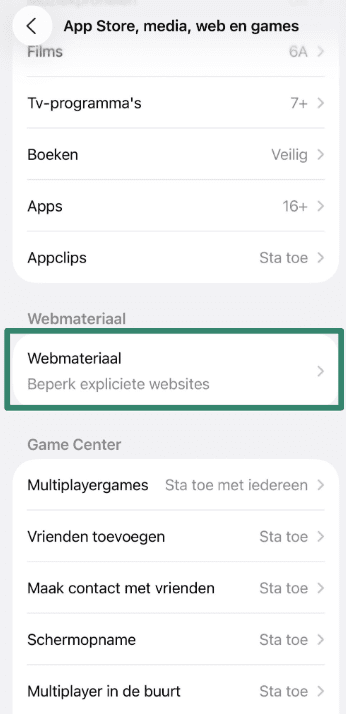 iPhone screen showing Web Content restriction setting.