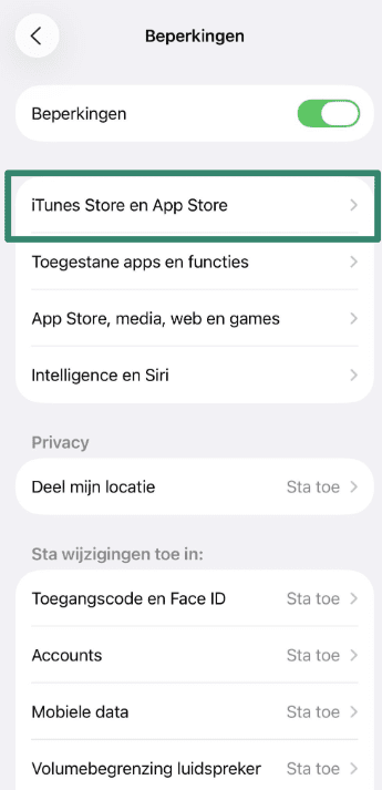 iOS screen showing iTunes & App Store Purchases option.