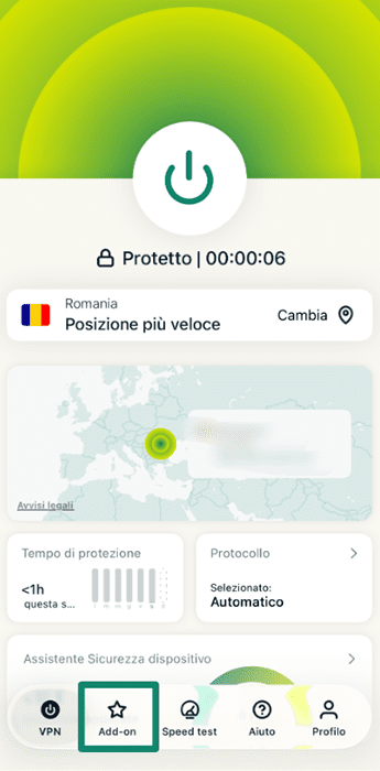 ExpressVPN home screen showing user is connected, with Add-ons tab highlighted.