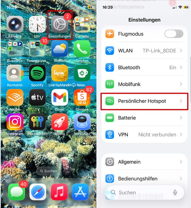 iPhone home screen showing Settings app and Personal Hotspot option in settings menu.