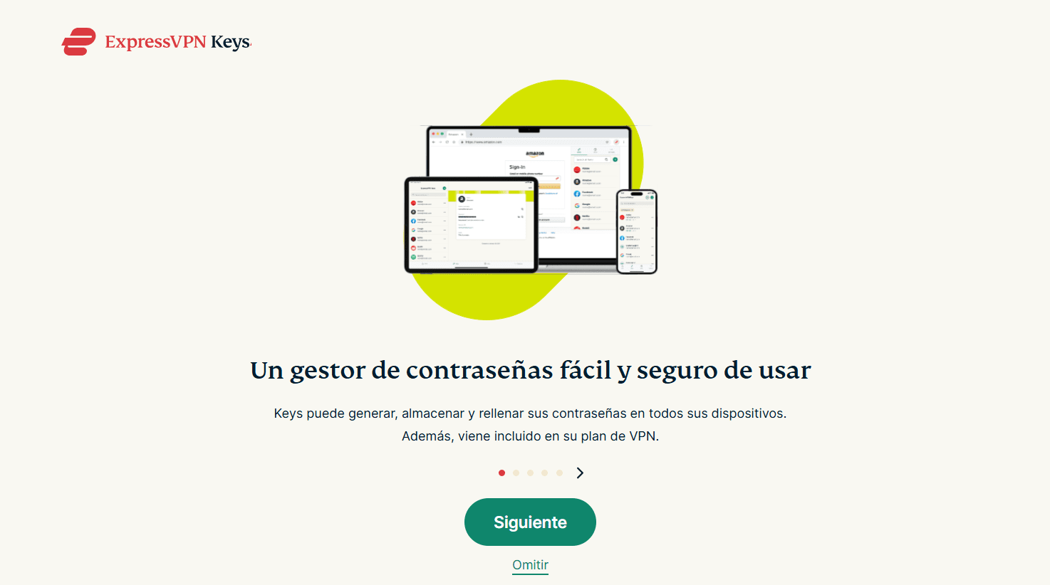 Página de configuración de la extensión ExpressVPN Keys.