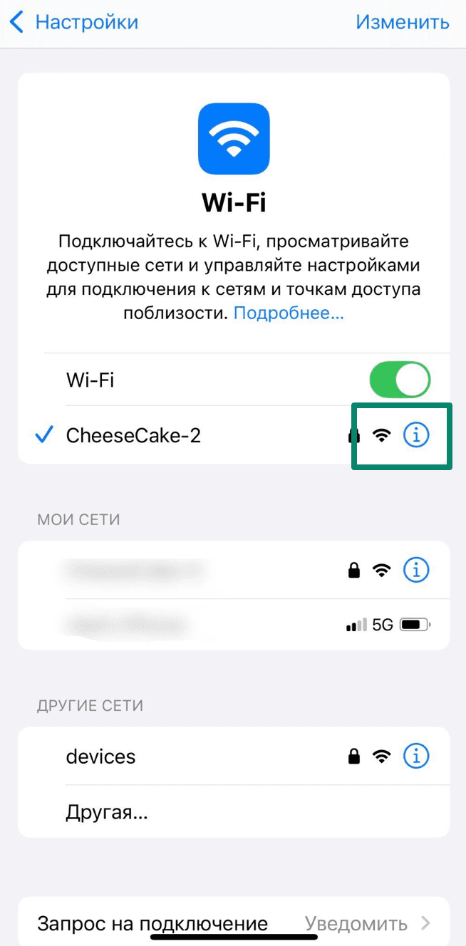 iPhone WiFi menu displaying connected network details