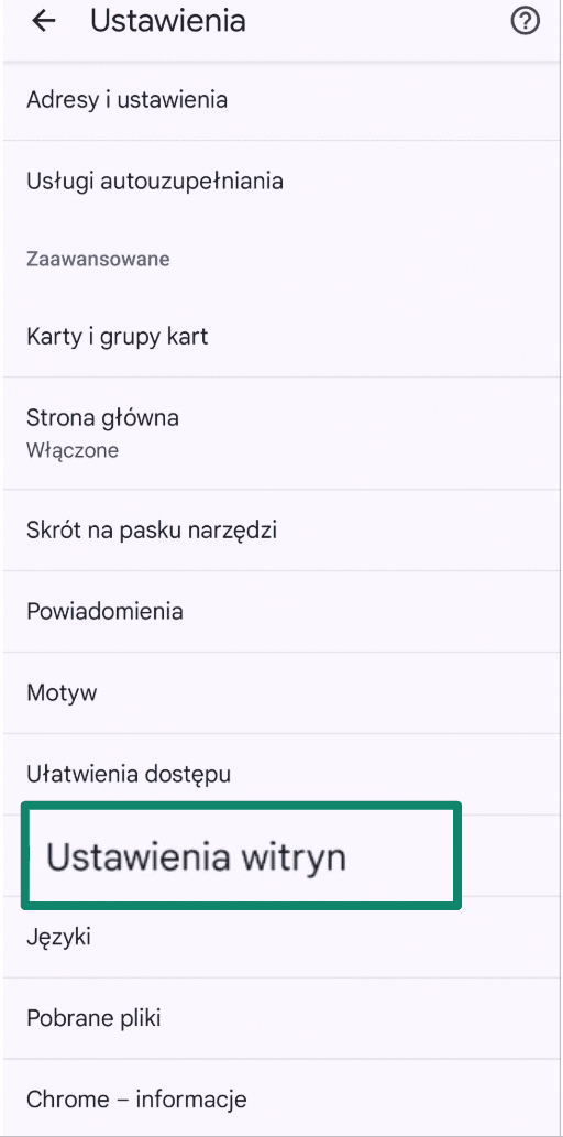Chrome settings screen with Site settings option highlighted.
