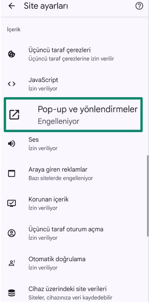 Chrome settings showing Pop-ups and redirects option.