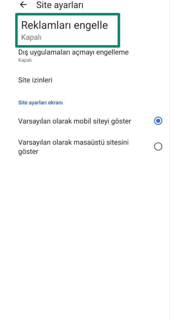 Edge site settings screen with the Block ads option toggled on.