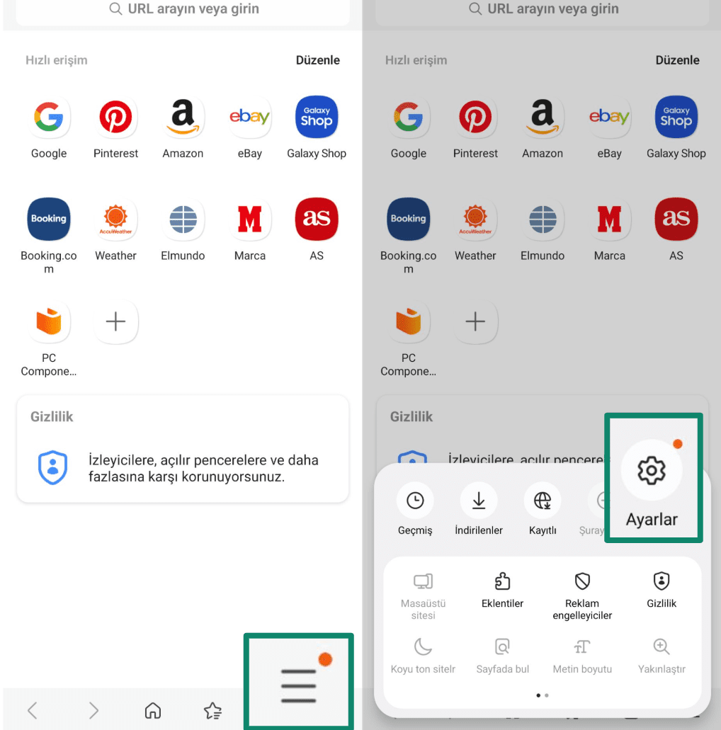 Opening Samsung Internet settings from the bottom menu on Android.