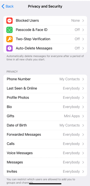 Privacy and security settings in Telegram, including Two-Step Verification, Auto-Delete Messages, and privacy options.