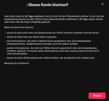 Screenshot showing how to continue TikTok's account deletion on the desktop website