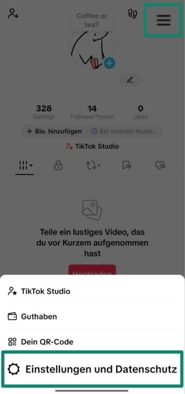 Screenshot showing how to access TikTok's Settings and privacy menu