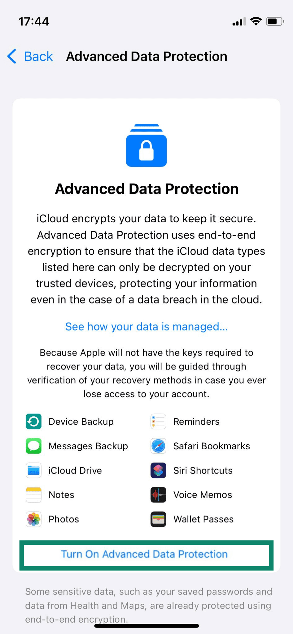 The Advanced Data Protection page on an iPhone, with the option to Turn On Advanced Data Protection highlighted.