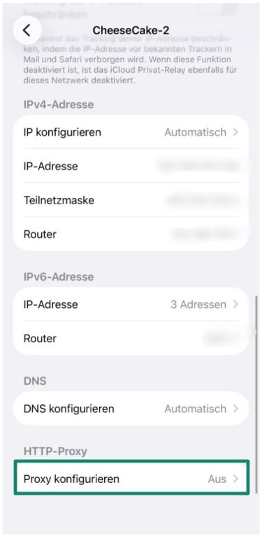 The Wi-Fi settings display of an iPhone emphasizing the Configure Proxy box.