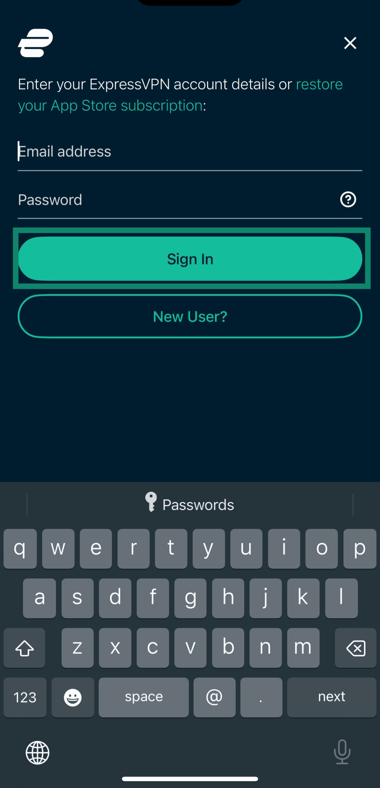 Logging into ExpressVPN using email address and password