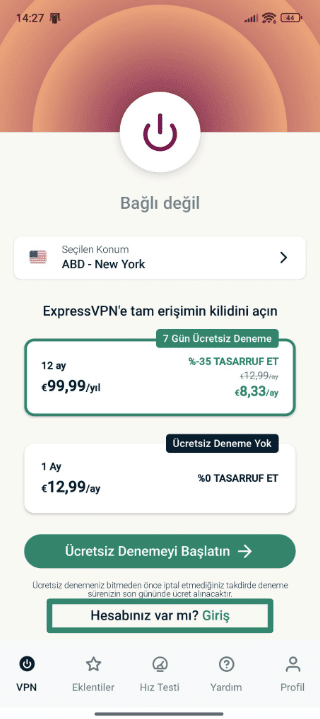 Signing into ExpressVPN on Android.