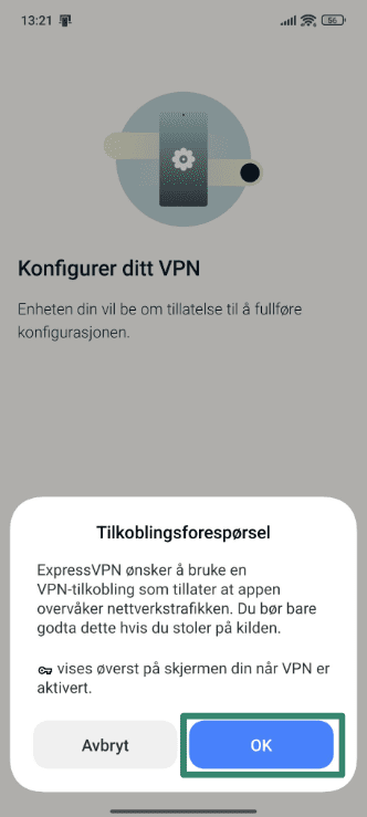 Allowing ExpressVPN to set up VPN connections on Android.
