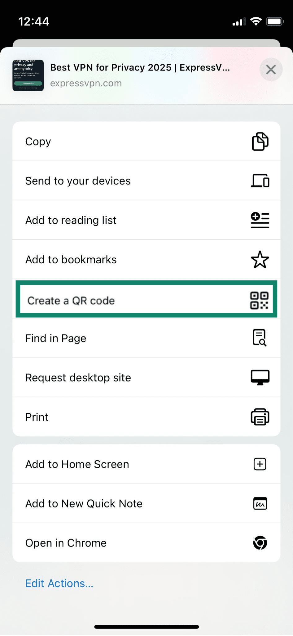 The "Crate a QR code" option on the iPhone Google Chrome app.