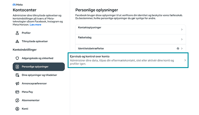 Facebook Accounts Centre Personal details tab with Account ownership and control highlighted.