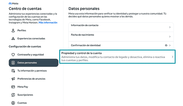 Facebook Accounts Centre Personal details tab with Account ownership and control highlighted.
