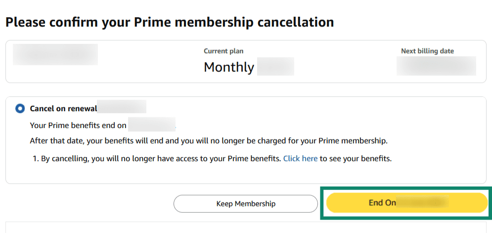 Final confirmation from Prime membership cancellation on Amazon website.