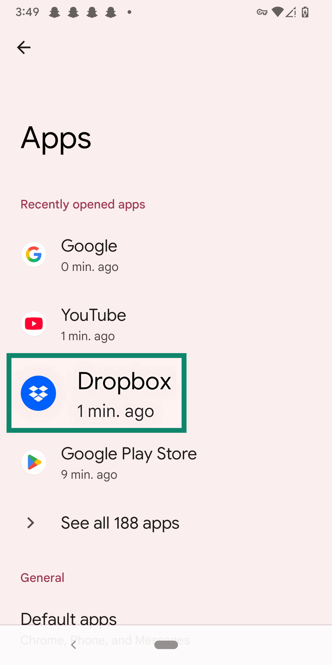 Dropbox showing in the Android Apps menu.