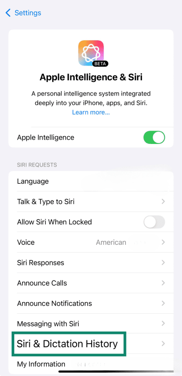 Siri & Dictation History option in iOS.