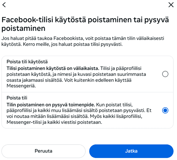 Deactivating or deleting your Facebook account selection screen.
