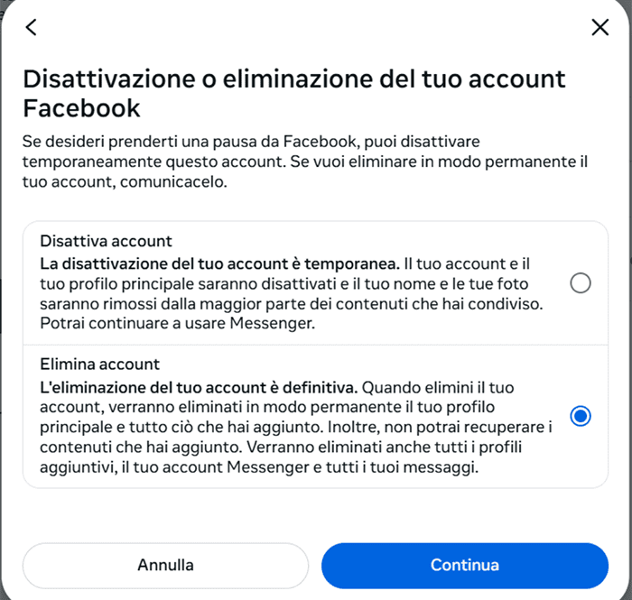 Deactivating or deleting your Facebook account selection screen.