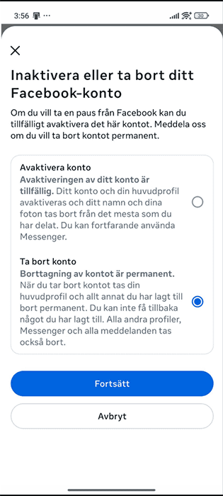 Facebook Android app selection screen for deactivating or deleting your Facebook account.