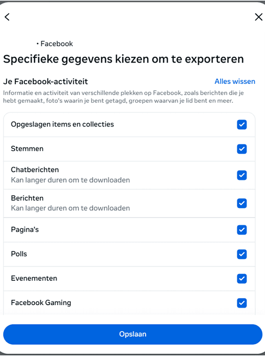 Facebook choosing what activity information to export.