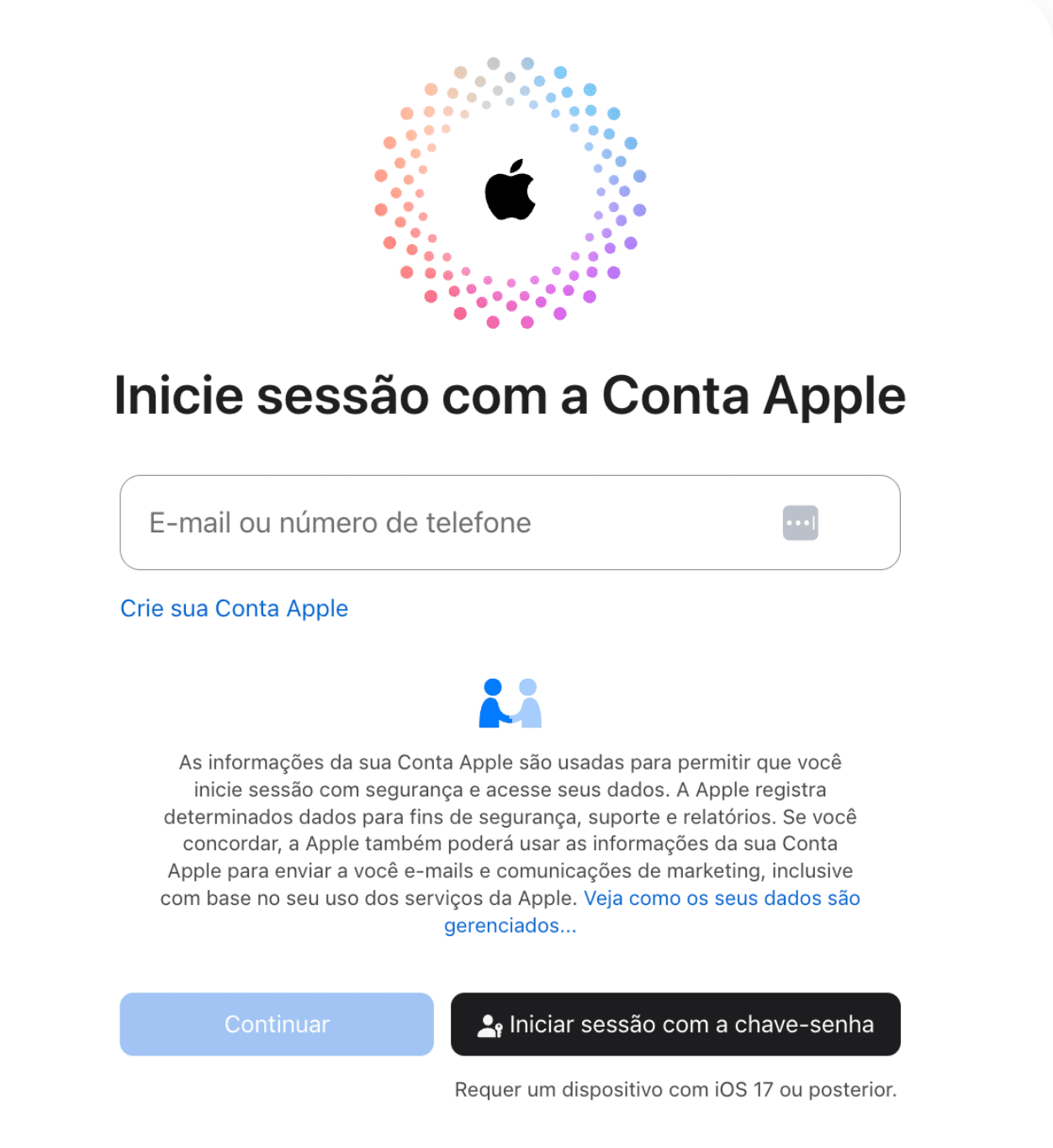 The Apple ID sign-in page, showing the input field for an Apple ID and login options.