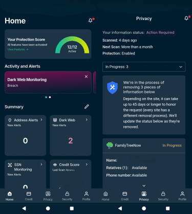 2 screenshots of the ExpressVPN Identity Defender app, showing the main homescreen and the data removal tool showing an active scan and a flagged data broker.