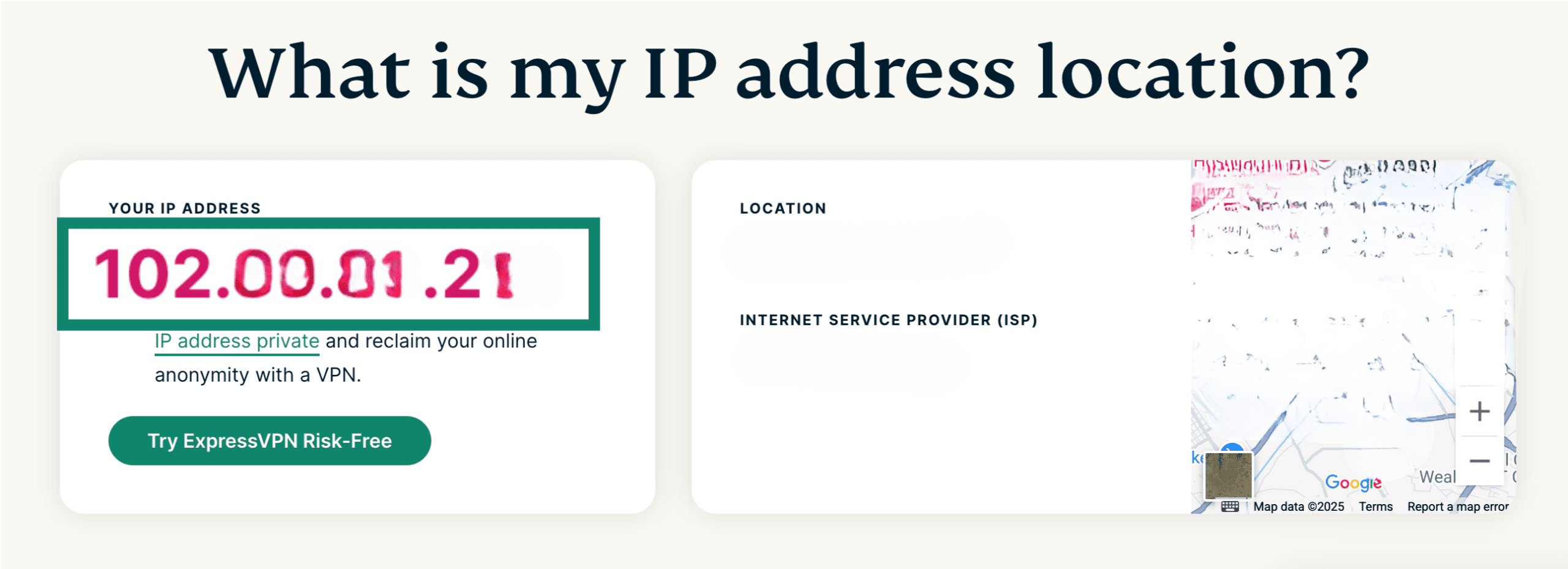 ExpressVPN's free IP address checker showing a public IP address.